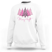 White crewneck sweatshirt with pink leopard tree graphic and “Merry flit” text