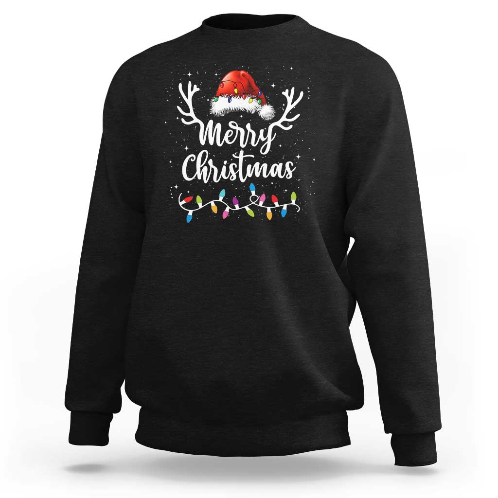 Black Christmas sweatshirt with Santa hat graphic and colorful light string print
