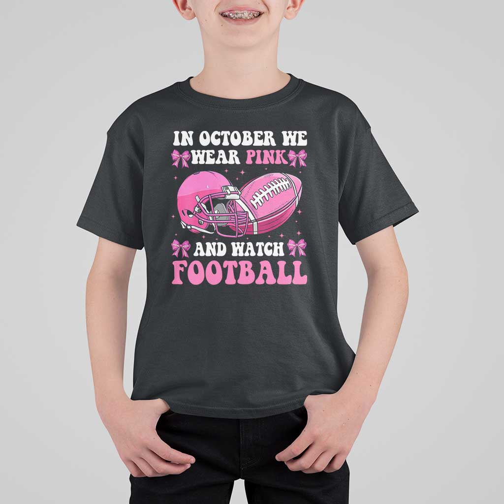 Football Breast Cancer Awareness T Shirt For Kid Coquette Football In October We Wear Pink Ghost Halloween Pink Ribbon - Wonder Print Shop