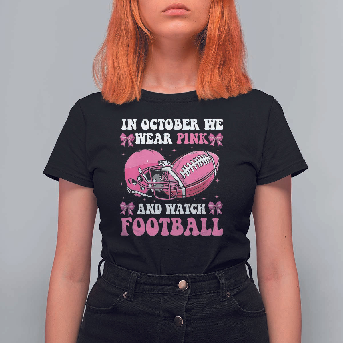 Football Breast Cancer Awareness T Shirt For Women Coquette Football In October We Wear Pink Ghost Halloween Pink Ribbon - Wonder Print Shop