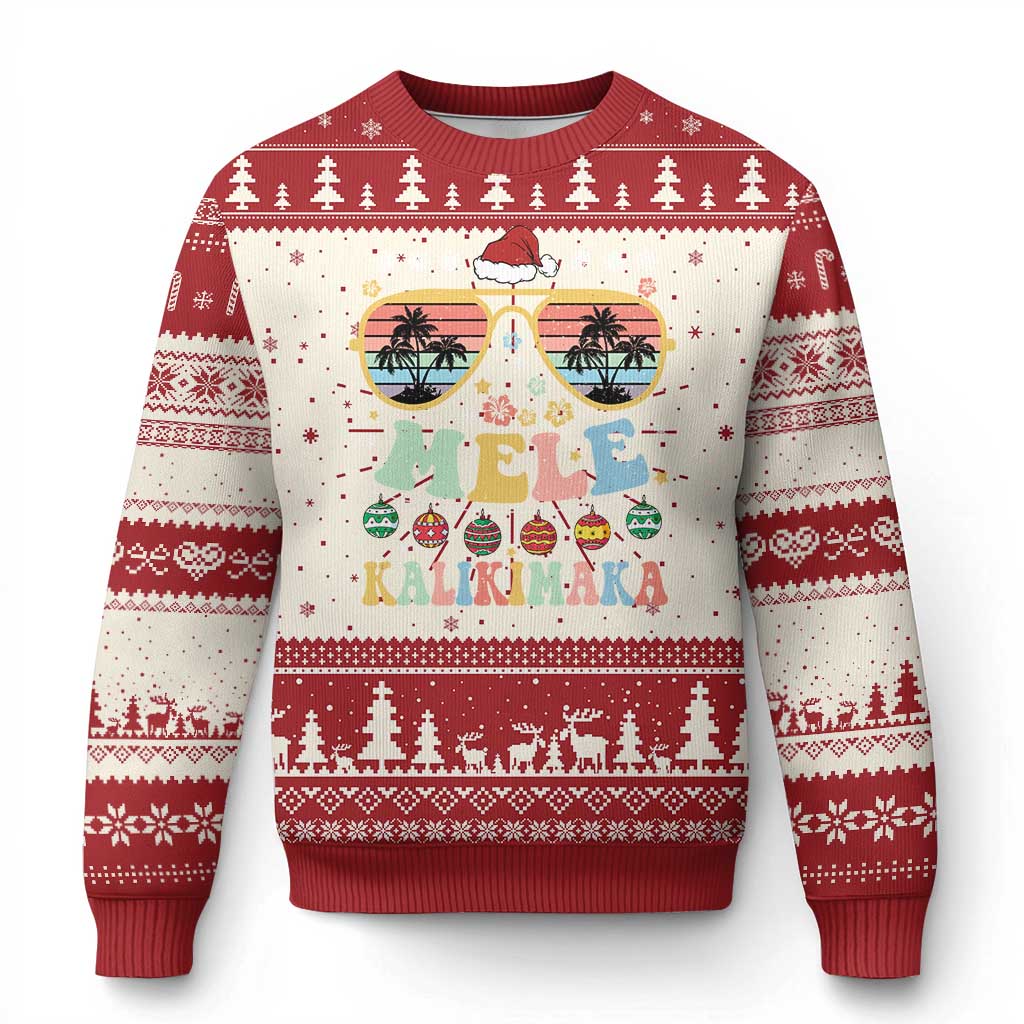 Red and cream Christmas sweater with sunglasses and 'Mele Kalikimaka' graphic