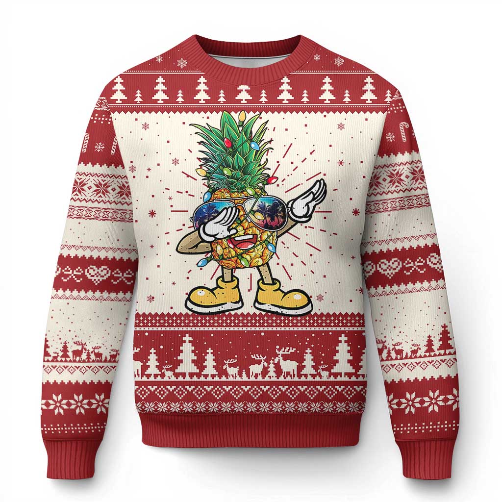 Red and cream holiday sweater with pineapple reindeer cartoon and fair-isle trees