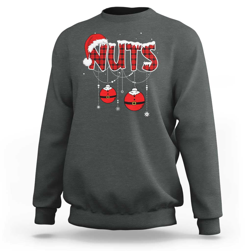 Dark green crewneck sweatshirt with 'NUTS' holiday graphic and hanging ornament balls