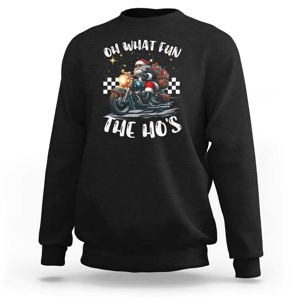 Black Christmas biker Santa sweatshirt with 'Oh what fun' motorcycle graphic