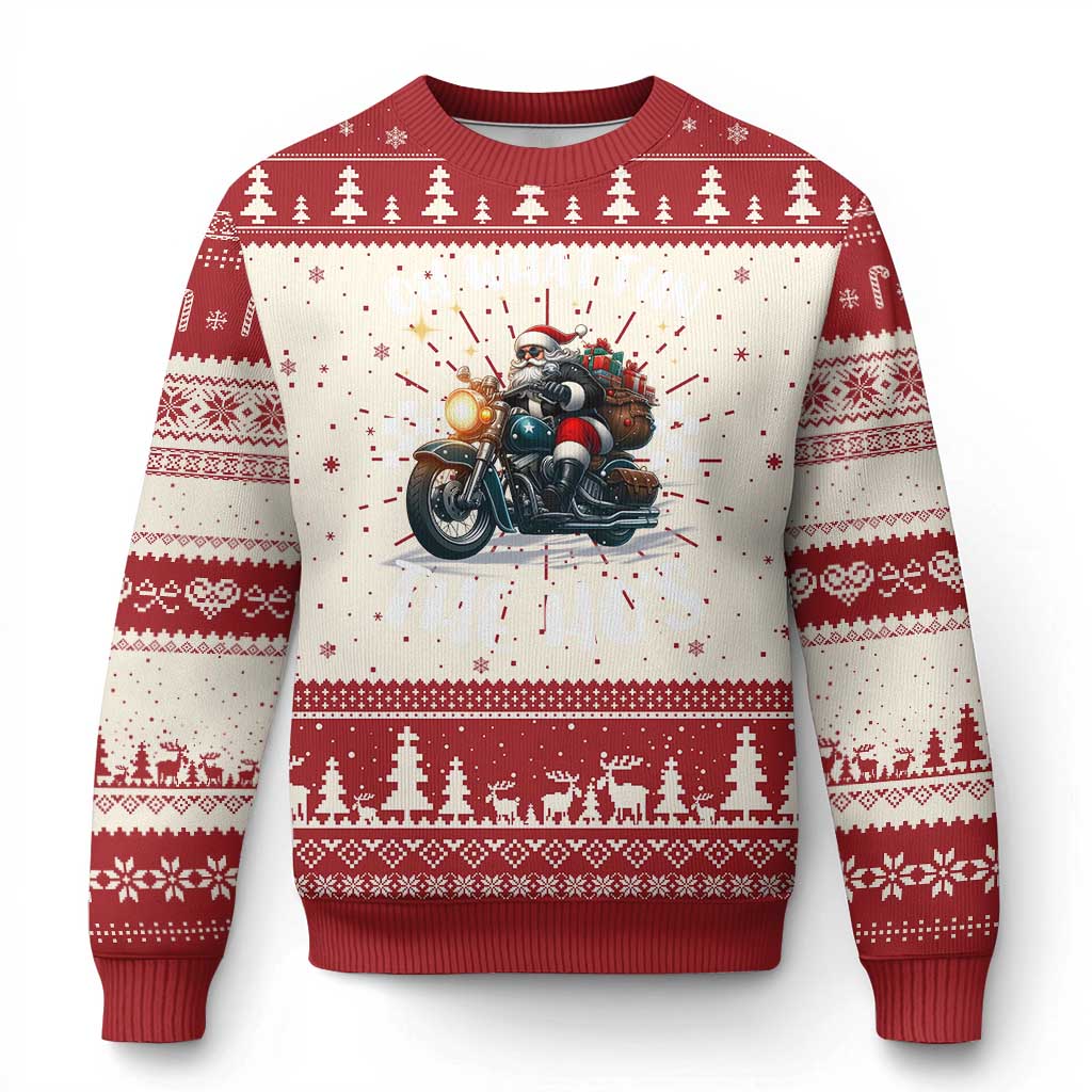 Red and cream Christmas sweater with biker Santa on a motorcycle, festive winter borders
