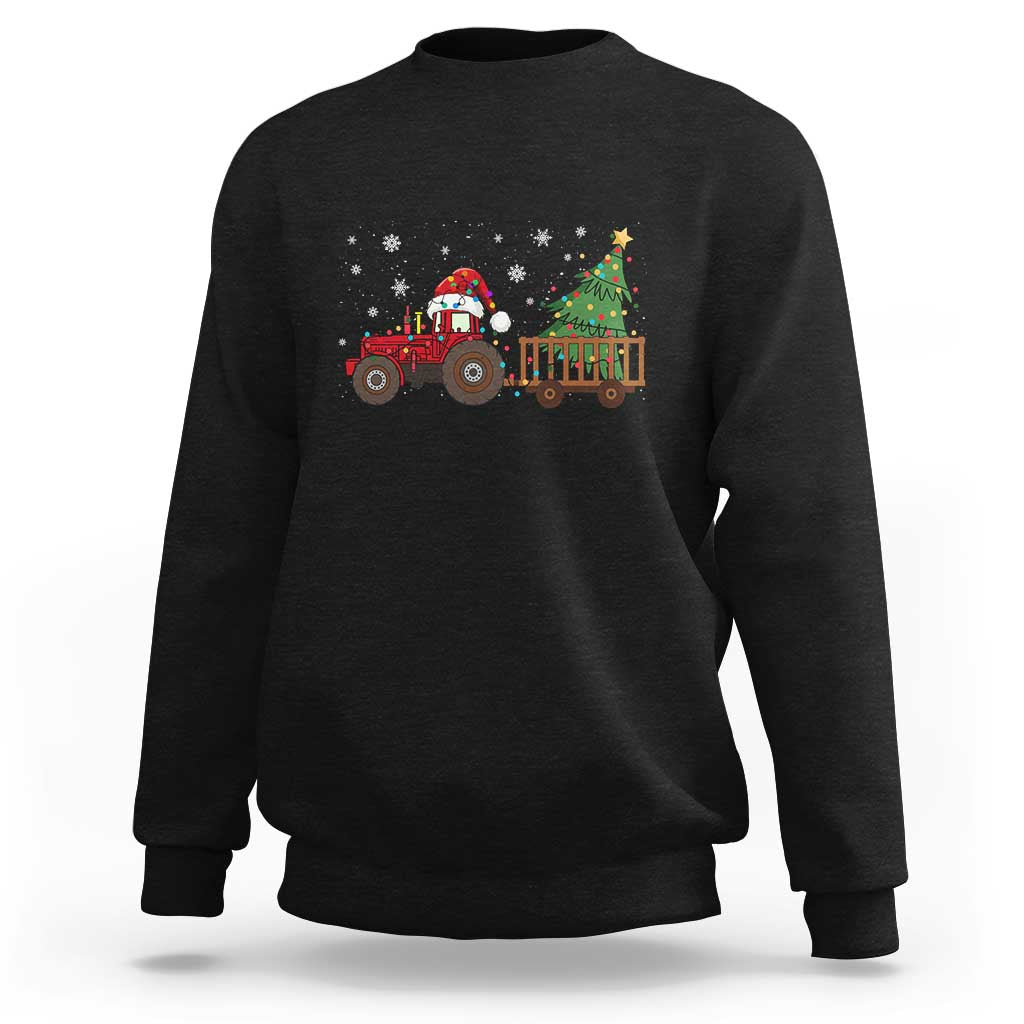 Black crewneck sweatshirt with red tractor and Christmas tree lights graphic