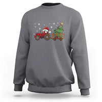 Charcoal crewneck sweatshirt with red tractor and Christmas tree lights graphic