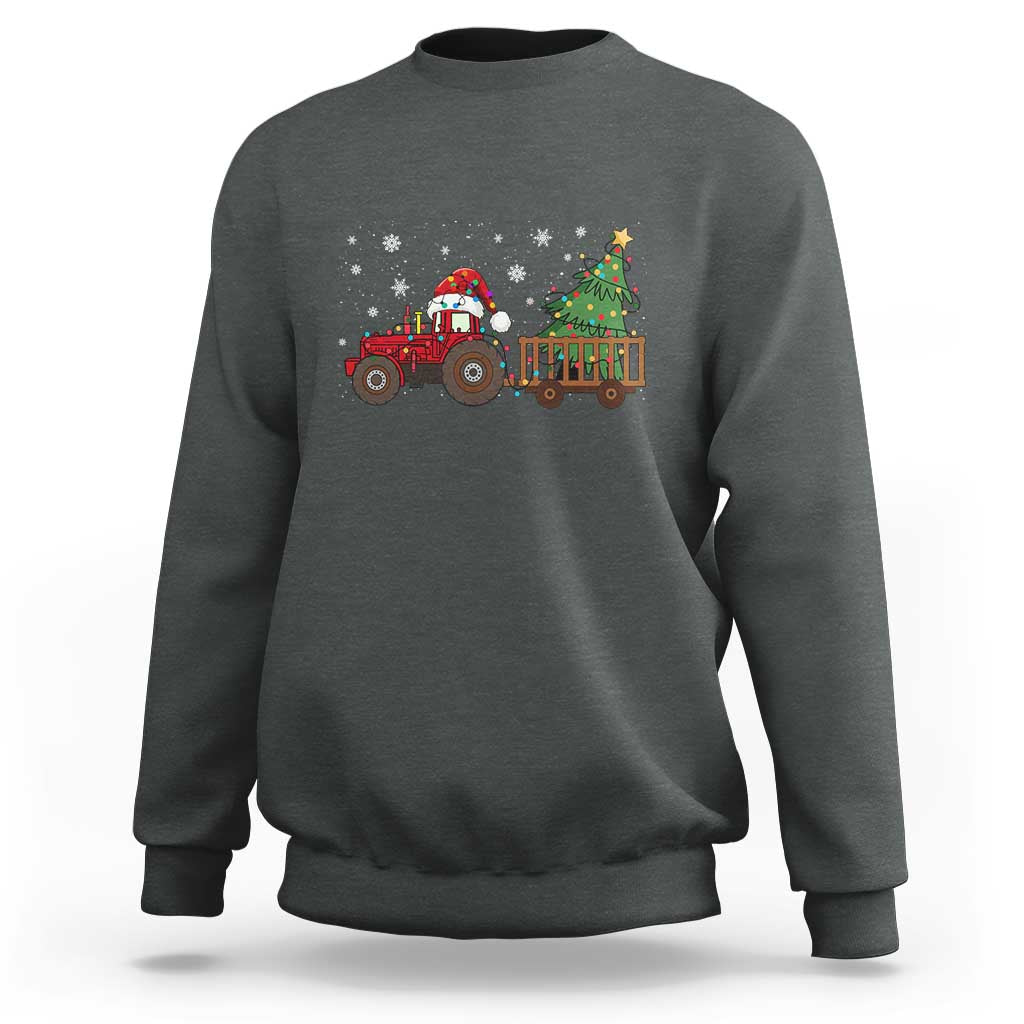 Dark heather gray crewneck sweatshirt with red tractor and Christmas tree lights graphic