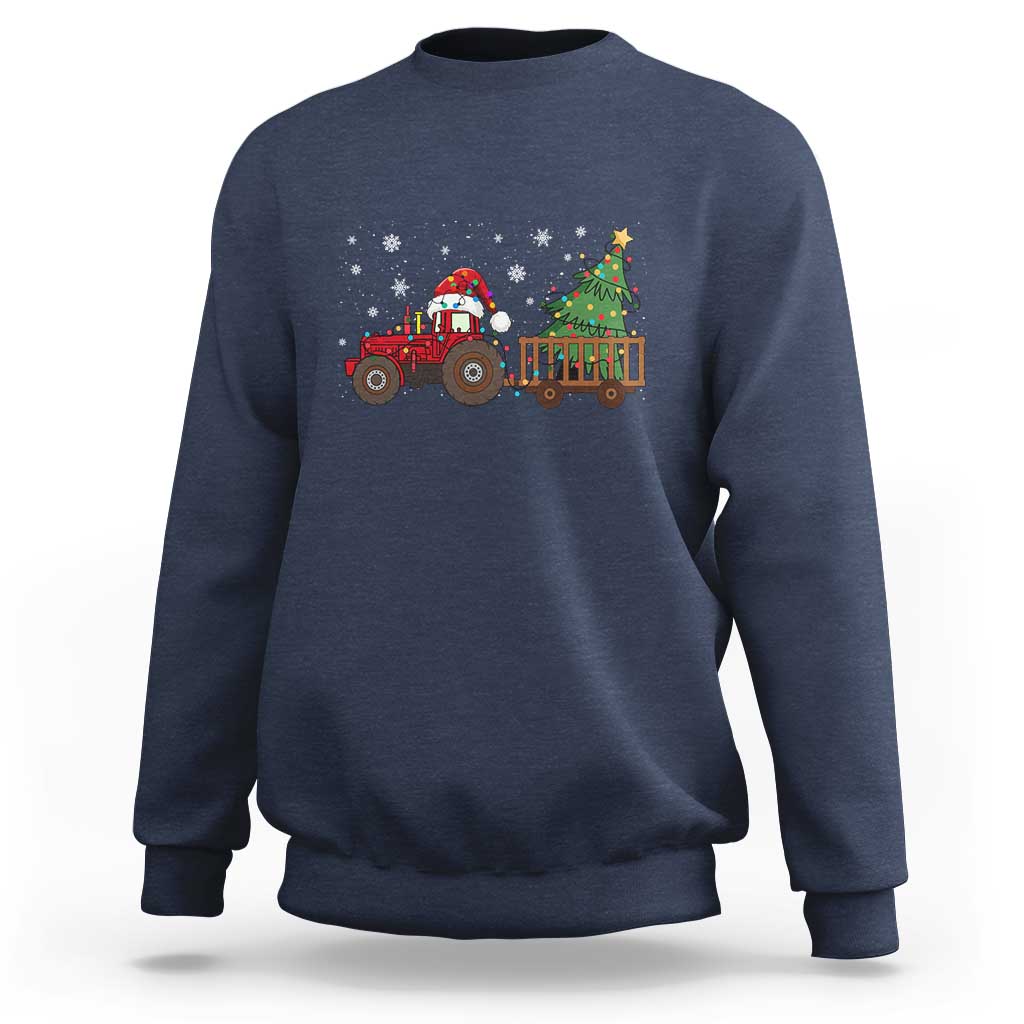 Navy crewneck sweatshirt with red tractor and Christmas tree lights graphic
