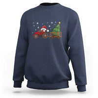 Navy crewneck sweatshirt with red tractor and Christmas tree lights graphic