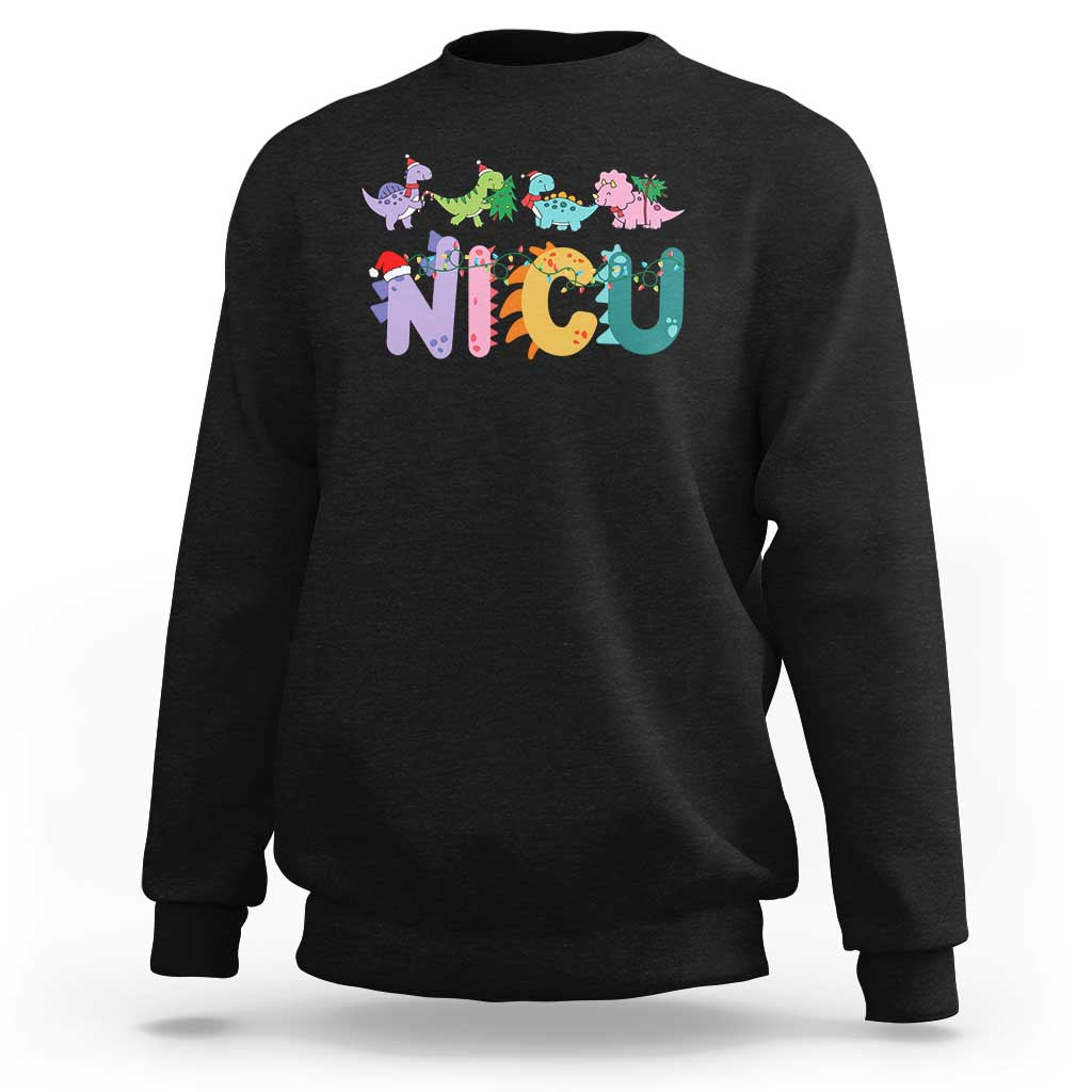 Black crewneck sweatshirt with colorful NICU nurse dinosaur graphic on front