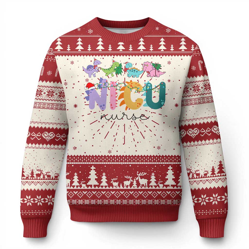 Red Christmas sweater with Nordic pattern and NICU nurse graphic, long sleeves.