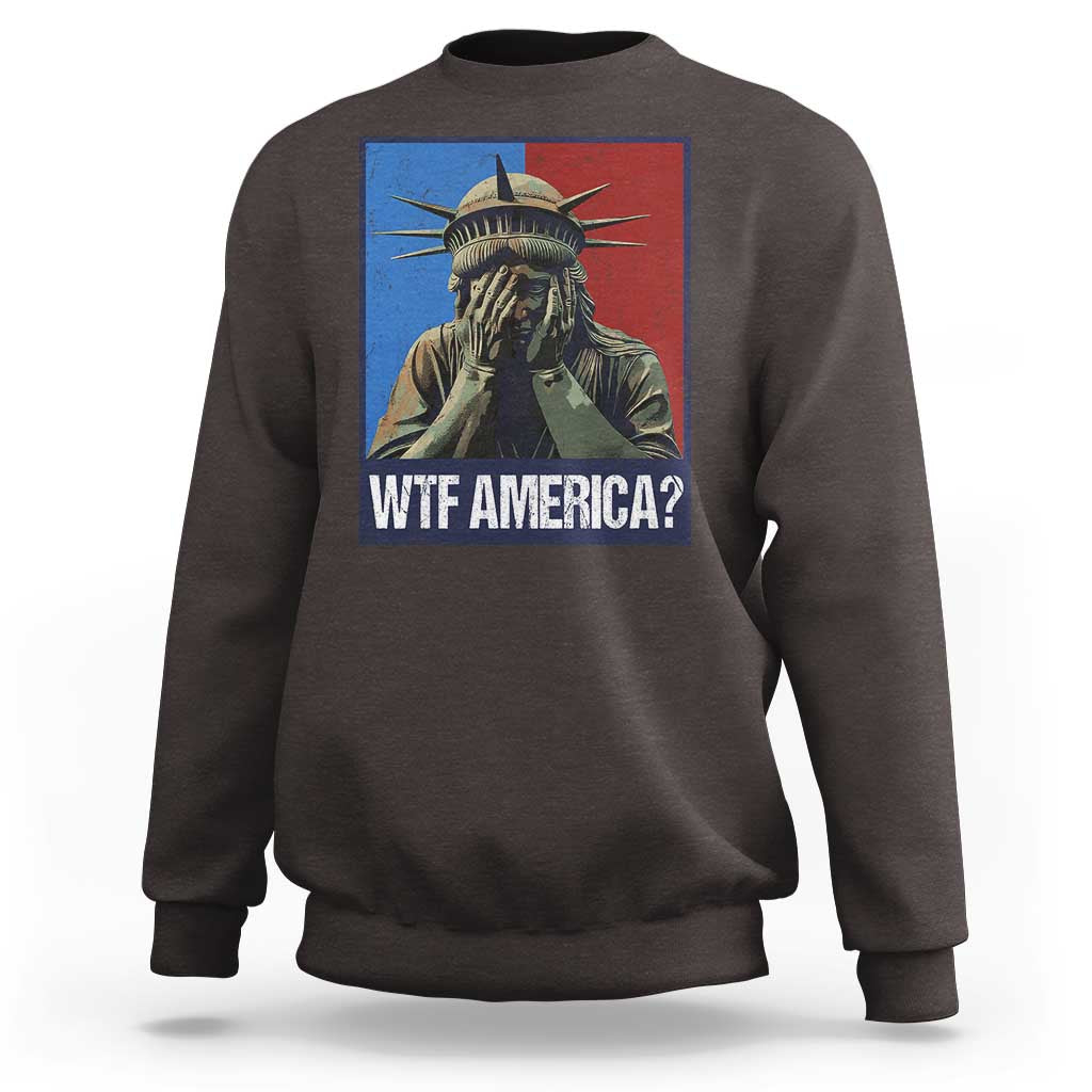 Dark chocolate sweatshirt with Statue of Liberty graphic and “WTF AMERICA?” text on chest