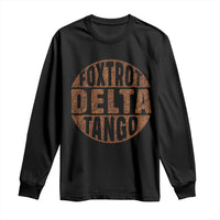 Black long sleeve shirt with round Foxtrot Delta Tango distressed print