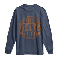 Navy long sleeve shirt with round Foxtrot Delta Tango distressed print