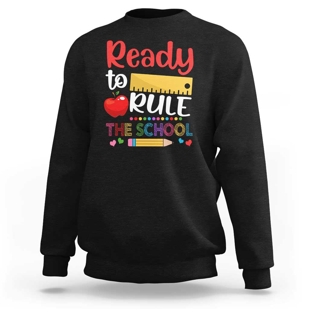 Black crewneck sweatshirt with colorful ruler "Ready to Rule" front graphic