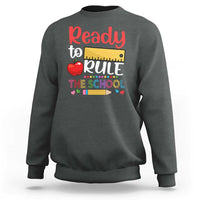 Charcoal gray crewneck sweatshirt with colorful ruler "Ready to Rule" front graphic