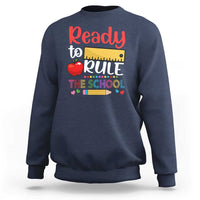 Navy crewneck sweatshirt with colorful ruler "Ready to Rule" front graphic