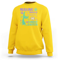 Kids' yellow sweatshirt with mermaid wave graphic, seashell starfish, and “Kindergarten” text