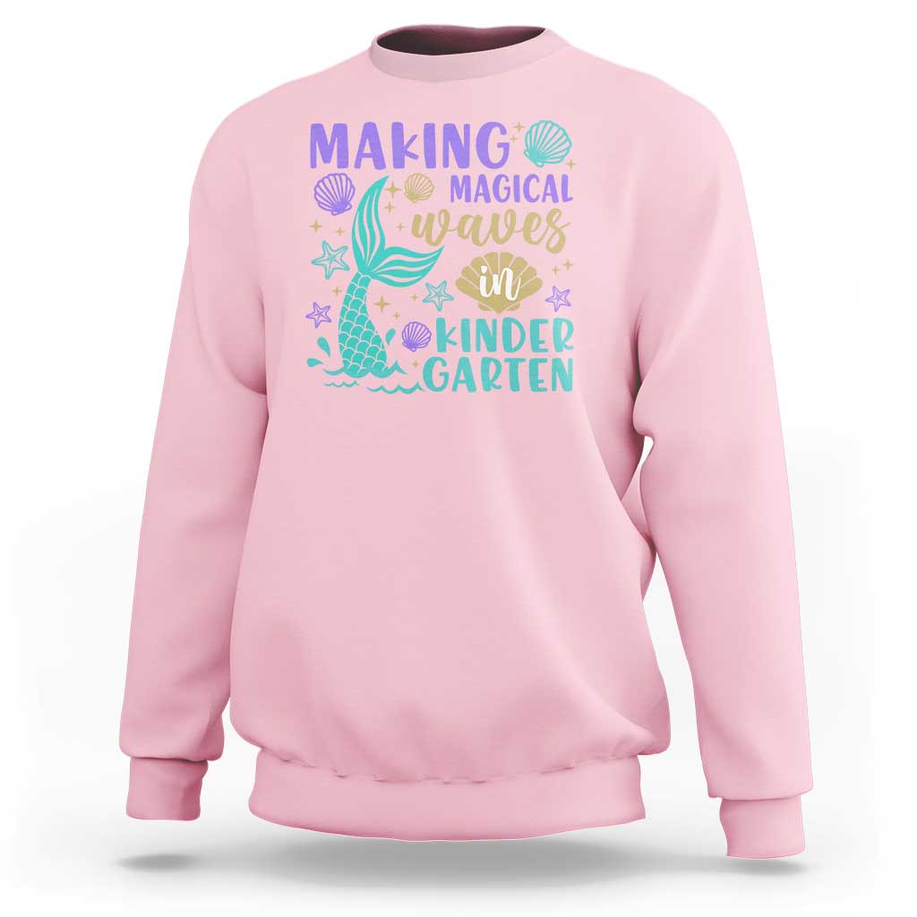 Kids' pink sweatshirt with mermaid wave graphic, seashell starfish, and “Kindergarten” text