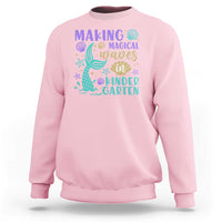 Kids' pink sweatshirt with mermaid wave graphic, seashell starfish, and “Kindergarten” text