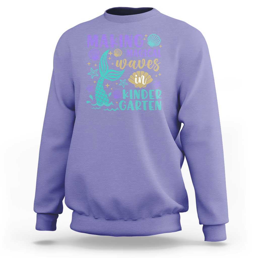 Kids' purple sweatshirt with mermaid wave graphic, seashell starfish, and “Kindergarten” text