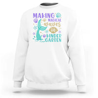 Kids' white sweatshirt with mermaid wave graphic, seashell starfish, and “Kindergarten” text