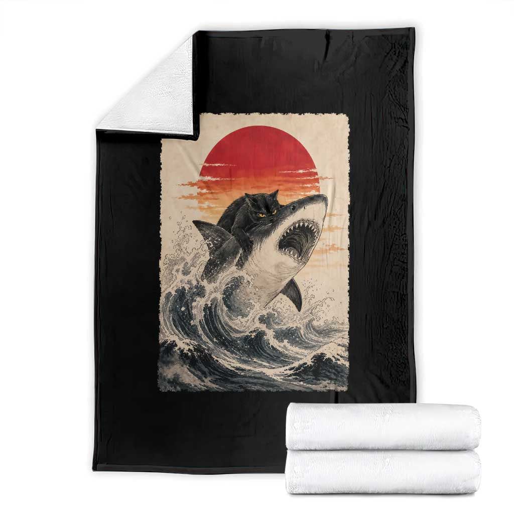 Black Cat Hunting Shark Ukiyo e Ocean Art Throw Blanket Funny Japanese Style Graphic