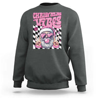 Dark heather gray crewneck sweatshirt with pink "CHRISTMAS VIBES" Santa graphic on front
