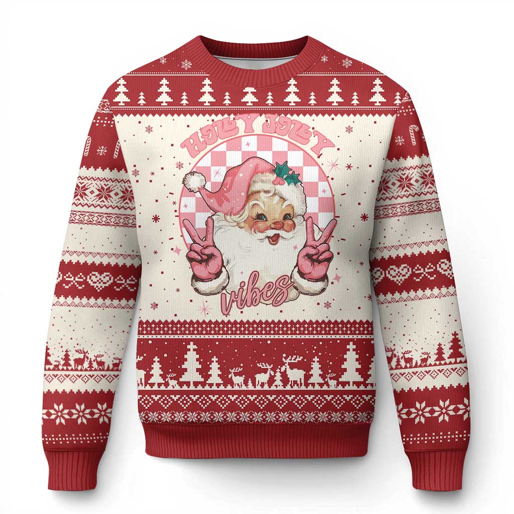Ugly Christmas sweater in red and cream with Santa character and holly knit pattern