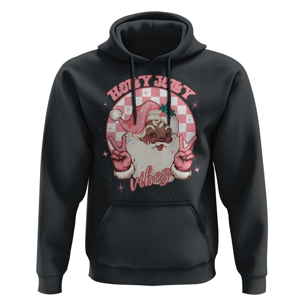 Black pullover hoodie with Santa graphic and peace-sign print on front