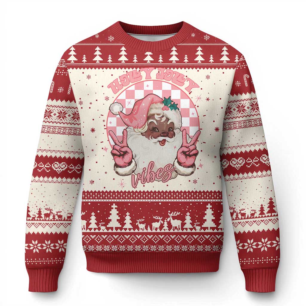 Red and cream Christmas sweater with cartoon Santa and striped tree pattern, crew neck.