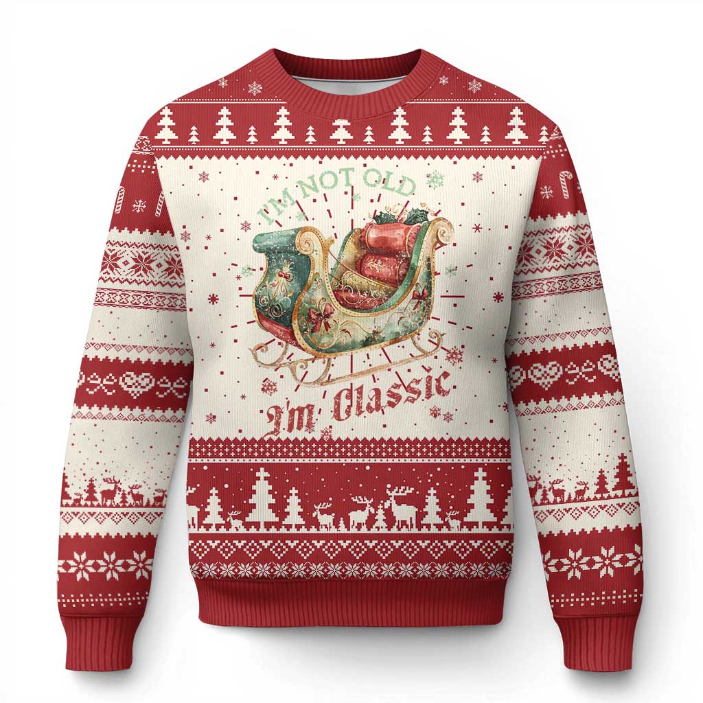 Red ugly Christmas sweater with Santa sleigh graphic and 'I'm classic' text