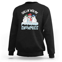 Black crewneck sweatshirt with 'Chillin' With My Snowmies' snowman graphic on front