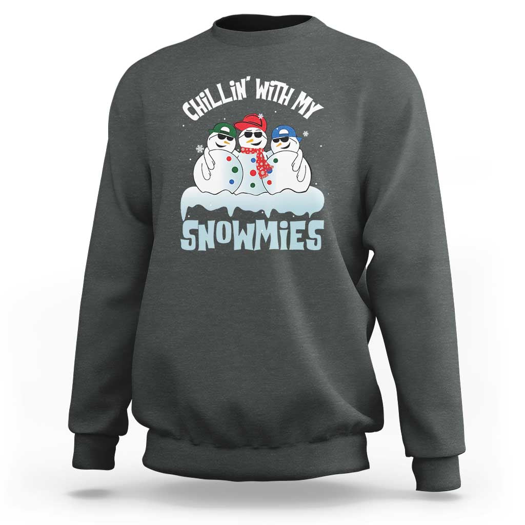 Dark heather gray crewneck sweatshirt with 'Chillin' With My Snowmies' snowman graphic on front