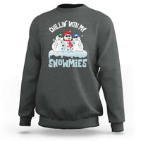 Dark heather gray crewneck sweatshirt with 'Chillin' With My Snowmies' snowman graphic on front