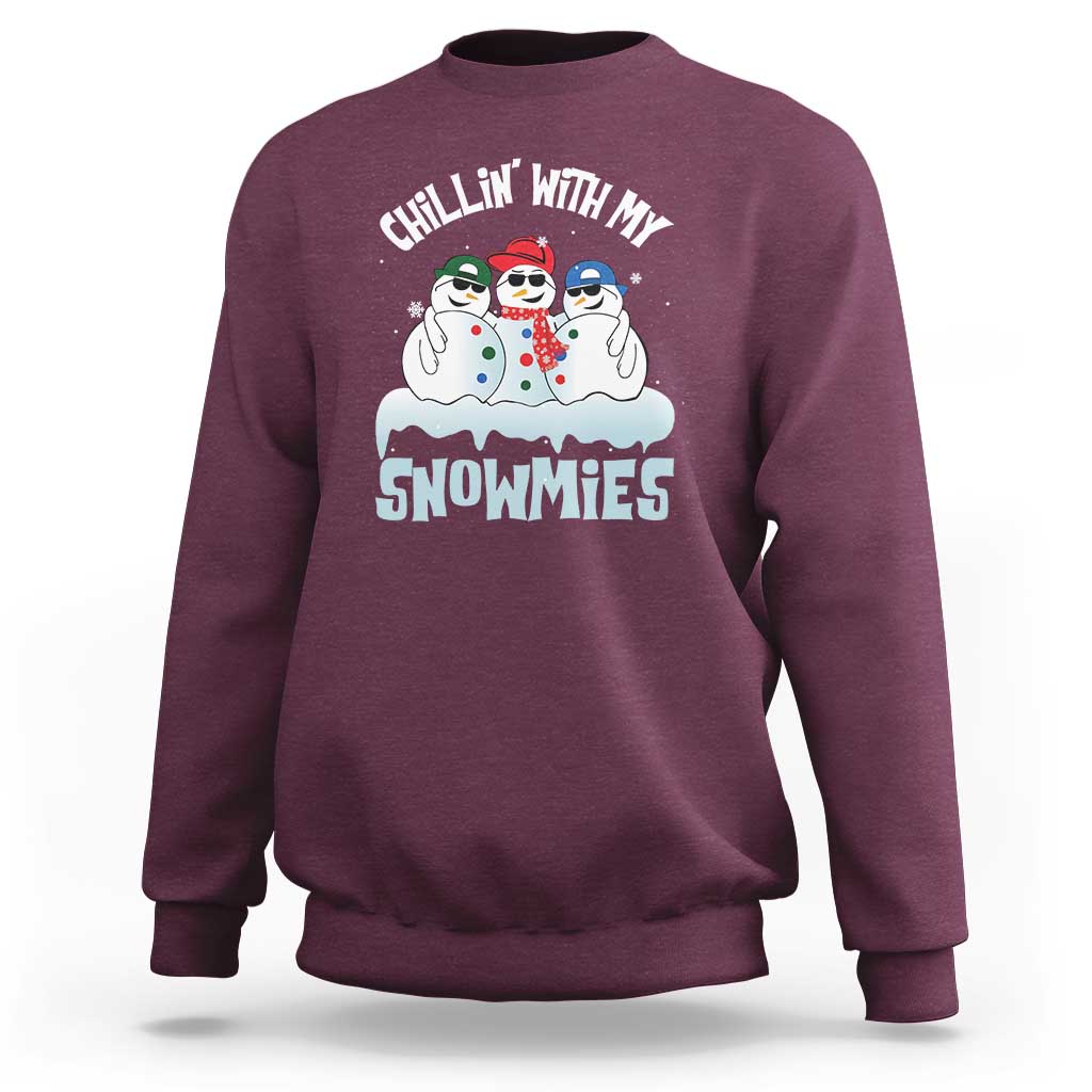 Maroon crewneck sweatshirt with 'Chillin' With My Snowmies' snowman graphic on front