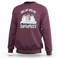 Maroon crewneck sweatshirt with 'Chillin' With My Snowmies' snowman graphic on front