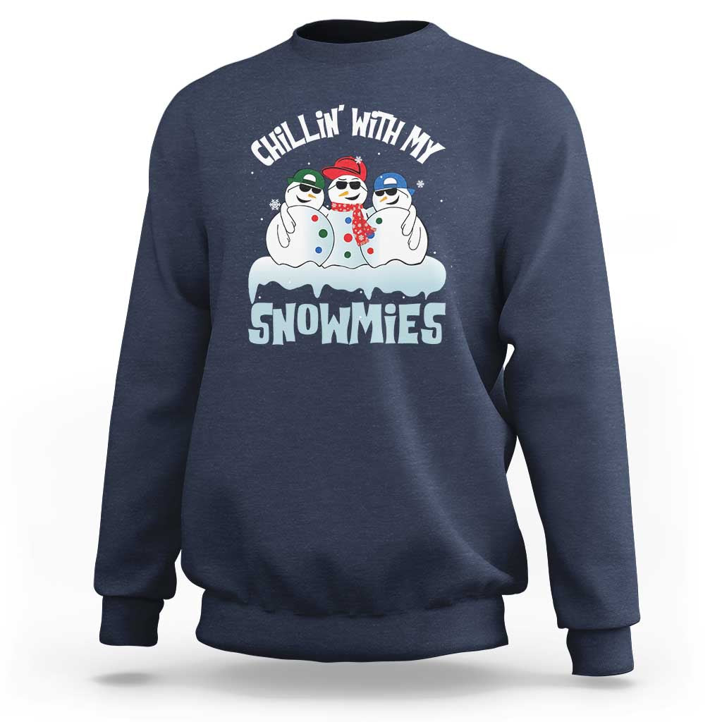 Navy crewneck sweatshirt with 'Chillin' With My Snowmies' snowman graphic on front