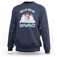 Navy crewneck sweatshirt with 'Chillin' With My Snowmies' snowman graphic on front