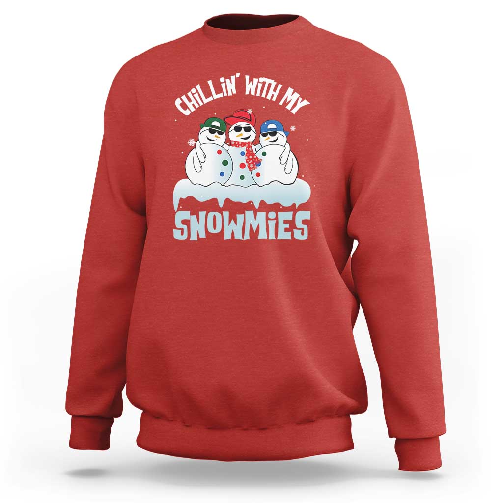 Red crewneck sweatshirt with 'Chillin' With My Snowmies' snowman graphic on front