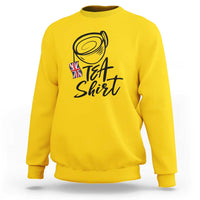 Yellow crewneck sweatshirt with "Tea Shirt" graphic and UK flag