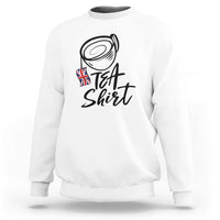 White crewneck sweatshirt with "Tea Shirt" graphic and UK flag