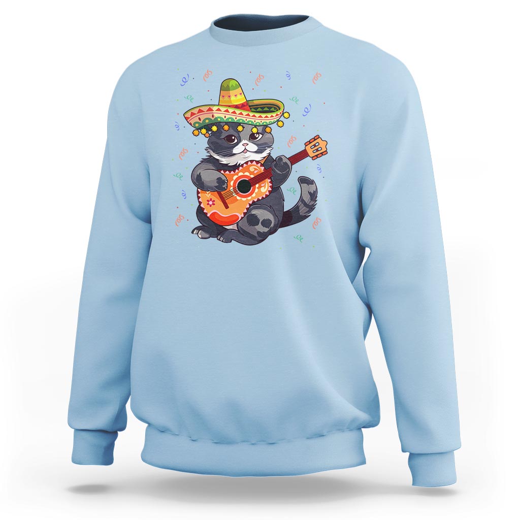 Light blue cat graphic sweatshirt with sombrero cat playing guitar print on the front
