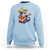 Light blue cat graphic sweatshirt with sombrero cat playing guitar print on the front