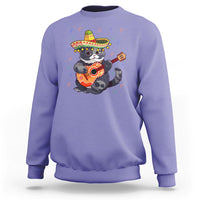 Violet cat graphic sweatshirt with sombrero cat playing guitar print on the front