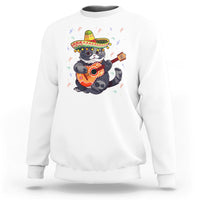 White cat graphic sweatshirt with sombrero-wearing cat playing guitar artwork on front