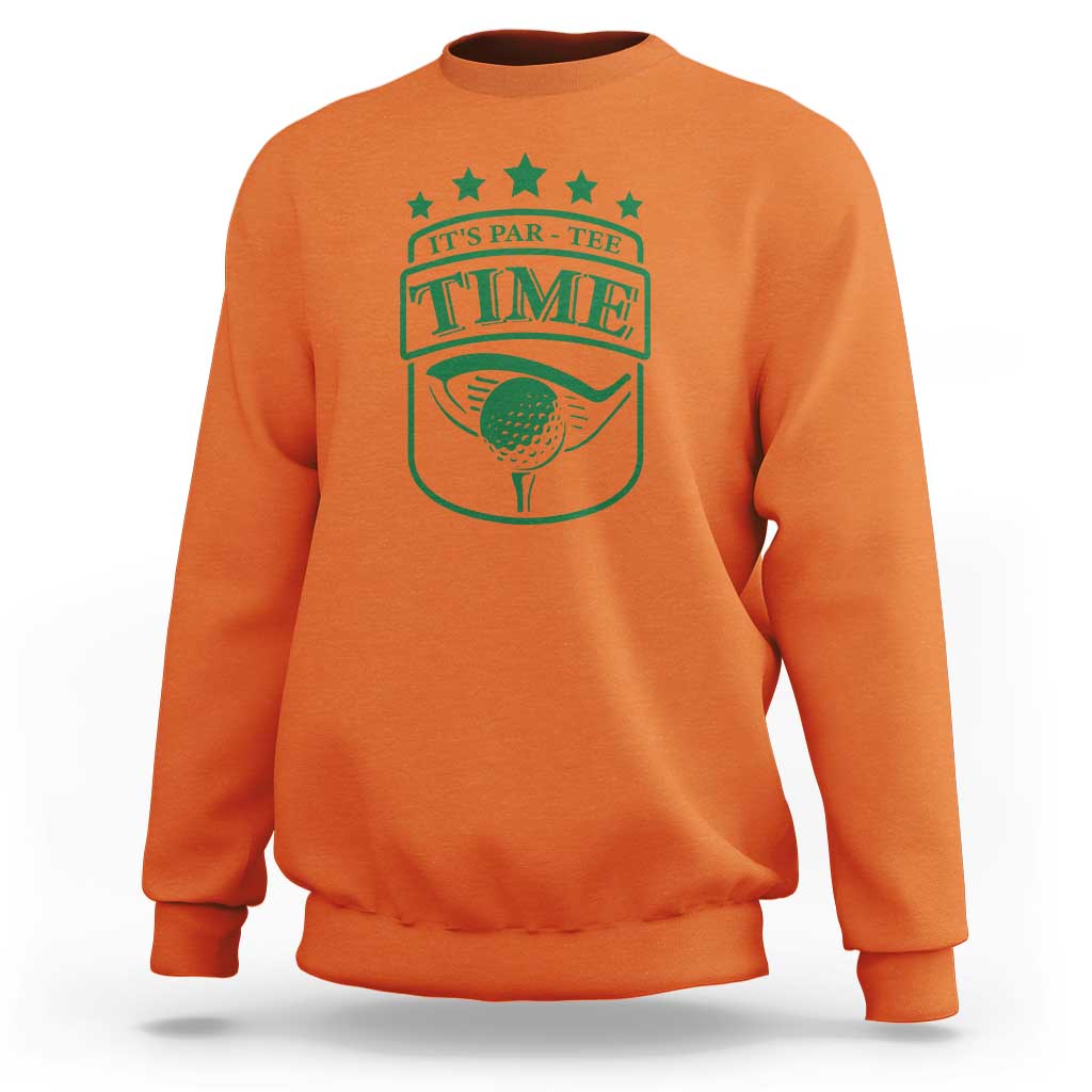 Orange golf sweatshirt with green 'TIME' golf graphic print on chest.