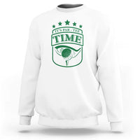 White golf sweatshirt with green 'TIME' golf graphic print on chest.