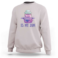 Light gray sweatshirt with “IS MY JAM” Alzheimer awareness jar graphic on chest